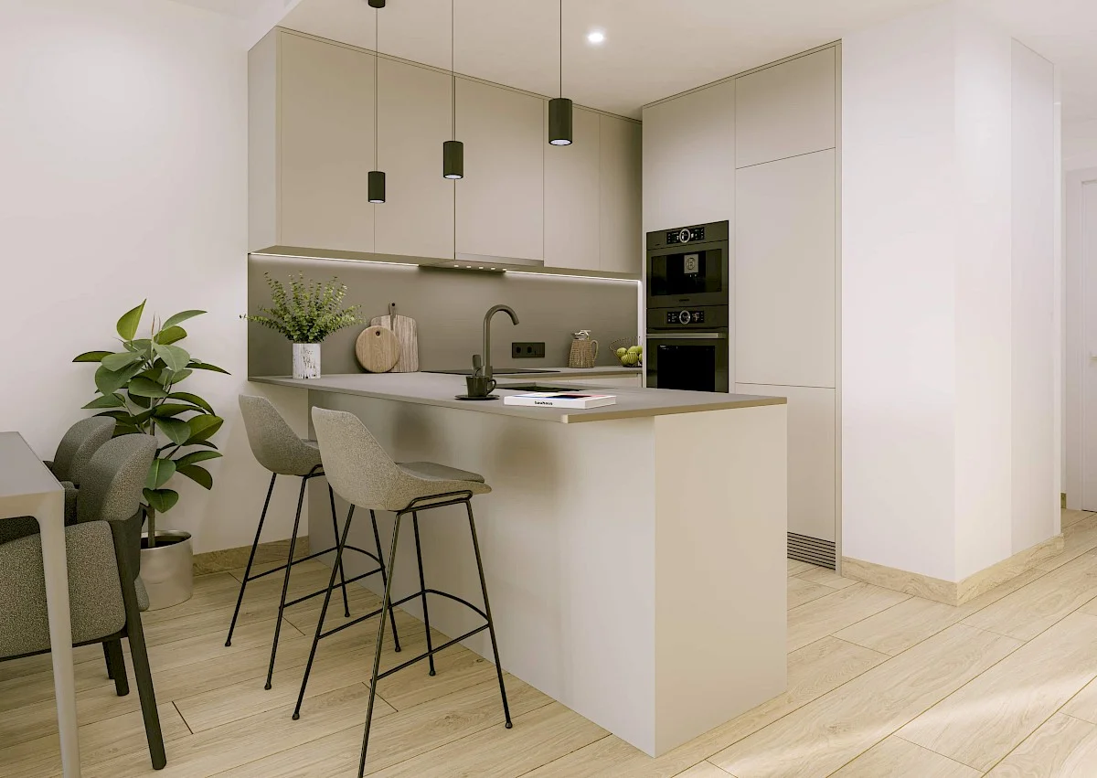 Keuken met bar en inbouwapparatuur